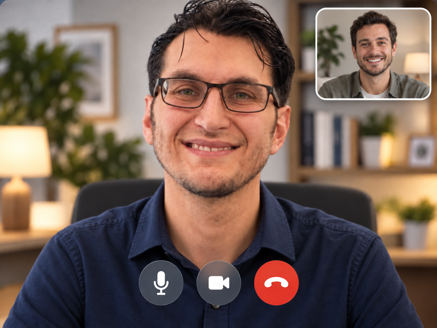 Ray Corbo smiling on a video call, with another participant in a small inset window and call controls below.